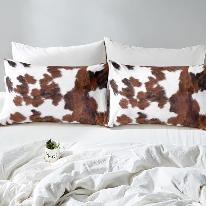 Erosebridal Cowhide Comforter Set for Kids Boys, Cute Brown White Cow Bedding Set Twin Size, Farm Animal Skin Down Comforter Western Cowboy Country Duvet Sets Farmhouse Decoration