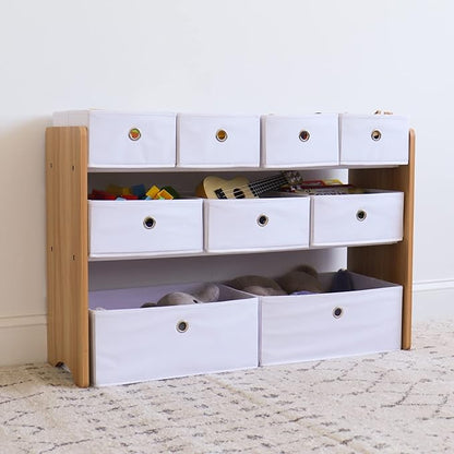 Humble Crew Kids Toy Organizer with 9 Collapsible Fabric Storage, Natural Wood and White Bins