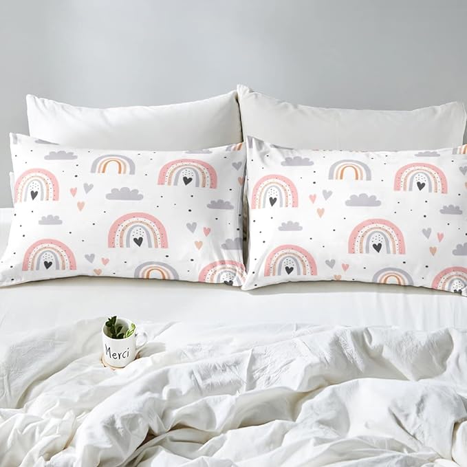 Rainbow Twin Bedding Sets For Girls, Kawaii Cloud Comforter Set 2 Pieces With 1 Pillow Case, Pink Love Heart Down Comforter For Kids Boys Women Adult, Hand Drawn Cartoon Rainbow Duvet Insert