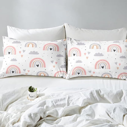 Rainbow Twin Bedding Sets For Girls, Kawaii Cloud Comforter Set 2 Pieces With 1 Pillow Case, Pink Love Heart Down Comforter For Kids Boys Women Adult, Hand Drawn Cartoon Rainbow Duvet Insert