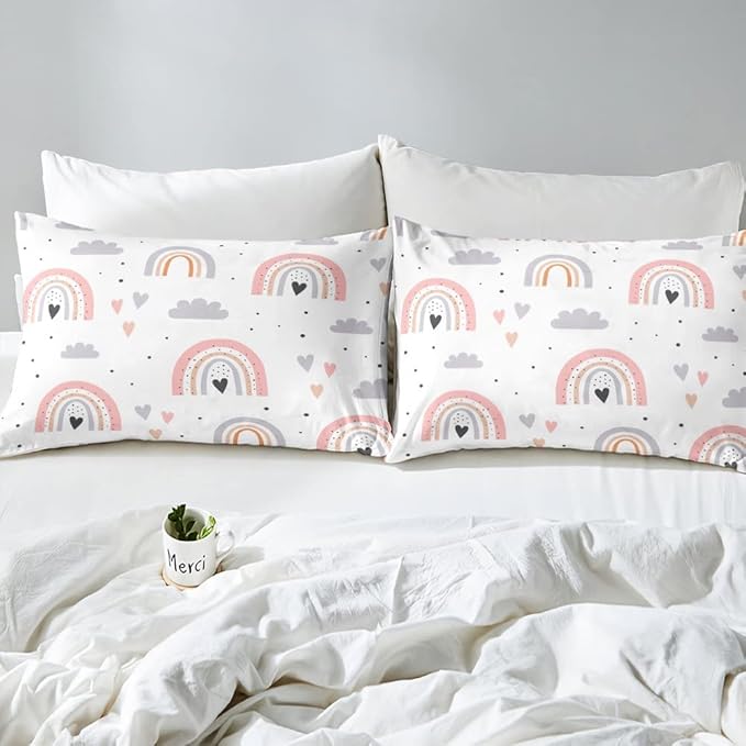 Rainbow Full Bedding Sets For Girls, Kawaii Cloud Comforter Set 3 Pieces With 2 Pillow Cases, Pink Love Heart Down Comforter For Kids Boys Women Adult, Hand Drawn Cartoon Rainbow Duvet Insert