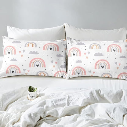Rainbow Full Bedding Sets For Girls, Kawaii Cloud Comforter Set 3 Pieces With 2 Pillow Cases, Pink Love Heart Down Comforter For Kids Boys Women Adult, Hand Drawn Cartoon Rainbow Duvet Insert