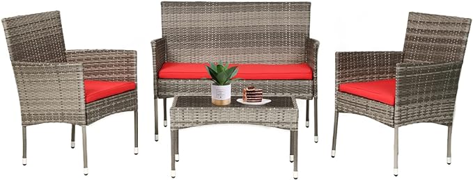 FDW 4 Pieces Outdoor Furniture Set Patio Conversation Set Wicker with Rattan Chair Loveseats Coffee Table for Outdoor Indoor Garden Backyard Porch Poolside Balcony,Gray Wicker/Red Cushions