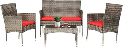 FDW 4 Pieces Outdoor Furniture Set Patio Conversation Set Wicker with Rattan Chair Loveseats Coffee Table for Outdoor Indoor Garden Backyard Porch Poolside Balcony,Gray Wicker/Red Cushions