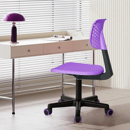 Desk Chair Armless Cute Office Chair, Low Back Rolling Home Office Task Chair Adjustable Swivel Study Chair for Girls Teens Adults Children Kids, Purple