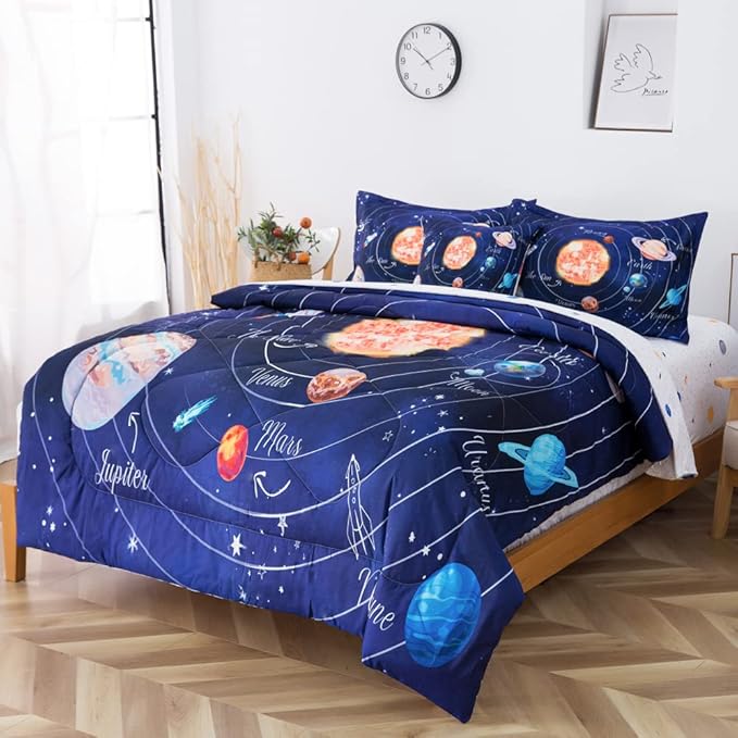 ADASMILE A & S Solar System Comforter Set Twin Outer Space Comforter for Kids 6 Pcs Bed in A Bag Twin Comforter Set for Boys Space Bed Set Galaxy Comforter with Star Moon Sheets for Kids Home Decor