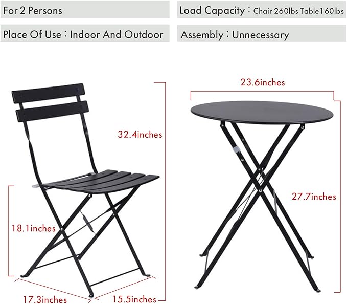 Indoor/Outdoor 3-Piece Foldable Bistro Set, Folding Outdoor Patio Furniture Sets, 2 Chairs and 1 Table, Weather-Resistant Outdoor/Indoor Conversation Set for Patio (Black)