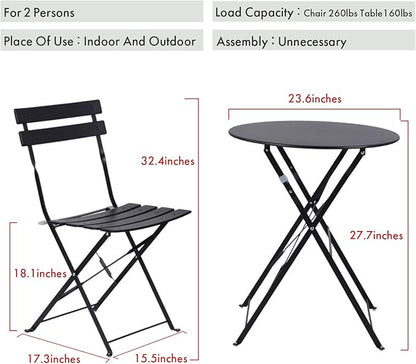 Indoor/Outdoor 3-Piece Foldable Bistro Set, Folding Outdoor Patio Furniture Sets, 2 Chairs and 1 Table, Weather-Resistant Outdoor/Indoor Conversation Set for Patio (Black)