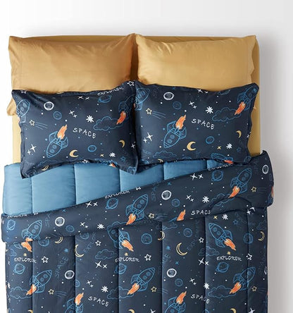 SLEEP ZONE Kids Twin Bedding Comforter Set - Super Cute & Soft Kids Bedding 5 Pieces Set with Comforter, Sheet, Pillowcase & Sham (Space Rocket)