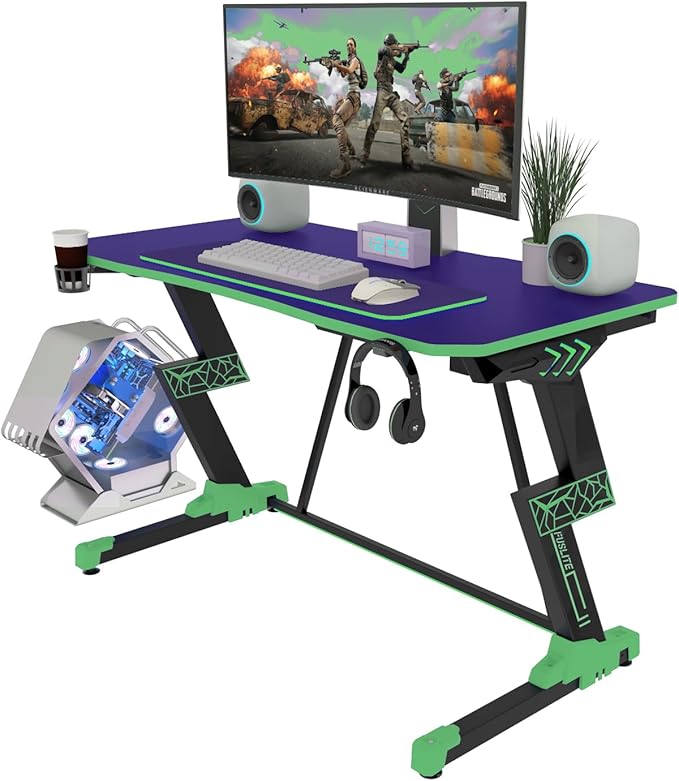 Gaming Desk 47 inch, PC Computer Desk RGB Light Gaming Table with Cup Holder, Earphone Hook, Power Strip Box, Green