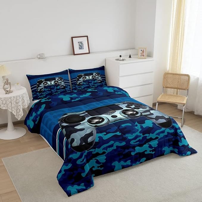 Gamer Comforter Set Camouflage Gaming Video Game Bedding Set for Kids Boys Children Blue Camo Gamer Console Comforter Soft Gamepad Decor Quilt Set Full Size