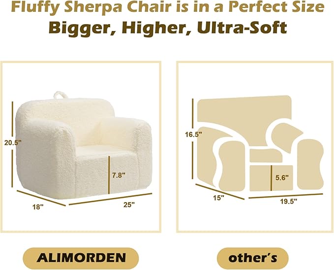 ALIMORDEN Kids Ultra-Soft Snuggle Foam Filled Chair, Toddler Cuddly Sherpa Reading Couch for Boys and Girls, Cream