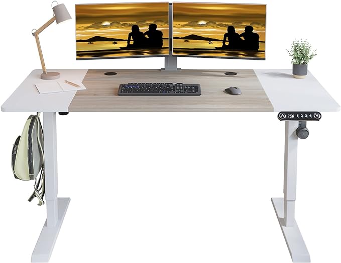 Adjustable Height Electric Standing Desk - 63 x 30 Inch Sit Stand Computer Desk with Splice Board, Stand Up Desk Table for Home Office, White Frame/White and Oak Top