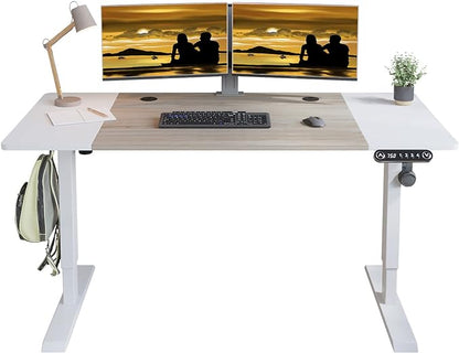 Adjustable Height Electric Standing Desk - 63 x 30 Inch Sit Stand Computer Desk with Splice Board, Stand Up Desk Table for Home Office, White Frame/White and Oak Top
