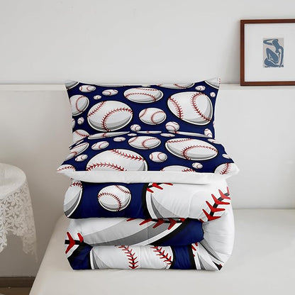 Baseball Bedding Set Sports Theme Comforter Set for Kids Boys Girls Teens 3D Blue Ball Pattern Comforter Breathable Baseball Games Duvet Set Room Decor Quilt Set King Size