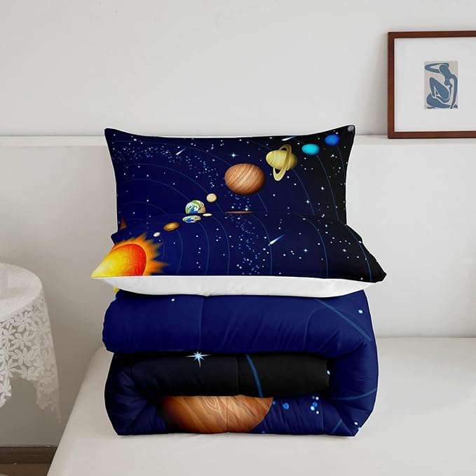 Erosebridal Solar System Comforter Set Twin Outer Space Bedding Set for Kids Boys Teens Universe Planets Down Comforter Galaxy Nebula Starry Sky Cosmos Quilted Duvet, Blue Purple