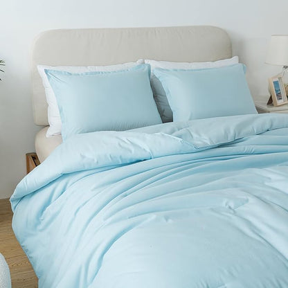 Queen Baby Blue Comforter Set, Solid Lightweight Skin-friendly Boho Bedding Set & Collections, Breathable Fluffy Microfiber 3 PCS (90"x90") Comforter Set for All Seasons with Pillowcases