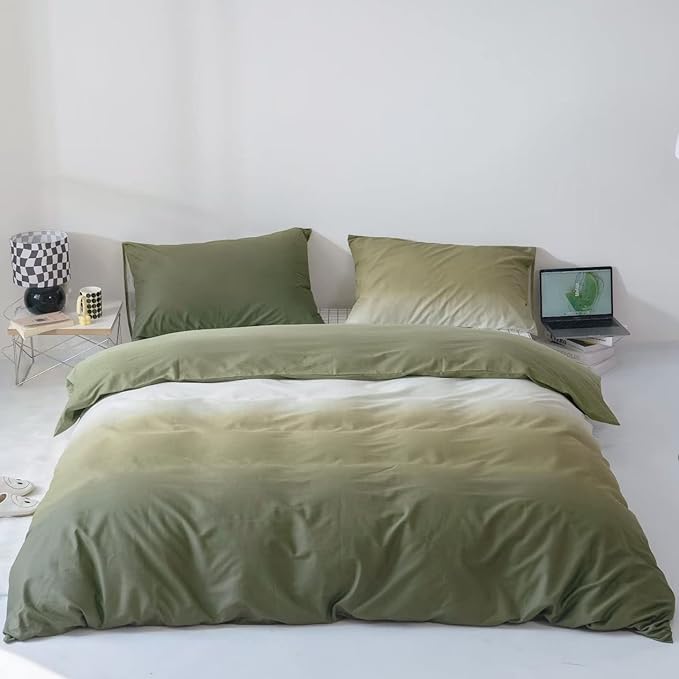 Gradient Green Comforter Set Ombre White Green Bedding Set Cal King Women Aesthetic Comforter 3 PCs Green Color Bed Comforter Set California King Gradient White and Green Comforter Set
