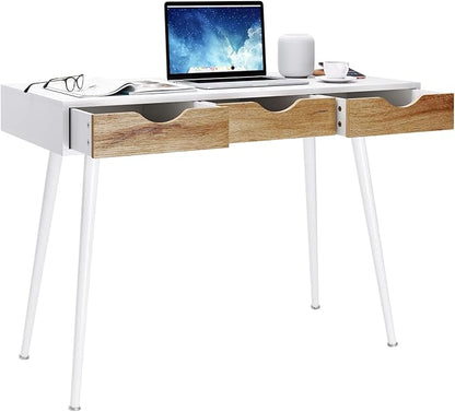 DlandHome Computer Desk with Drawers Mid Century Modern Desk 43 Inches Vanity Desk with 3-Drawers, Office Desk with Drawers Writing Desk Study Table Makeup Tables, Bedroom Dresser Table