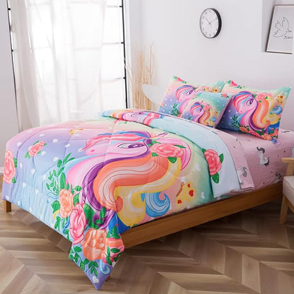 ADASMILE A & S Unicorn Comforter Set Twin with Sheets 6 Pieces Floral Pink Unicorn Bedding Set for Girls Kids Unicorn Sheets Soft Bed-in-a-Bag Comforter Reversible Bed Comforter Set for Home Decor