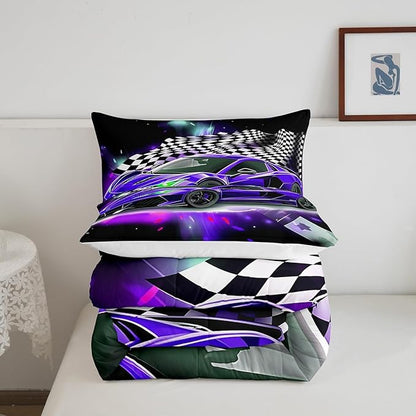 Purple Race Car Comforter Set Full Size, Black White Lattice Bedding Set 2pcs for Kids Boys Teens Room Decor,Extreme Sport Games Quilt Set,Cool Modern Duvet Insert with 2 Pillowcases