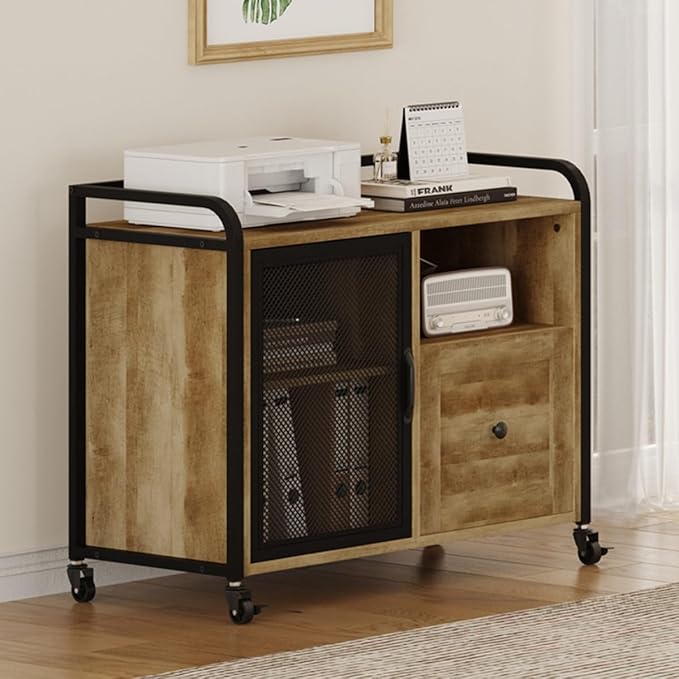 BON AUGURE Filing Cabinet for Home Office, Lateral File Cabinet with Drawer for Letter/ A4 Size, Mobile Printer Stand with Open Storage (Vintage Oak)