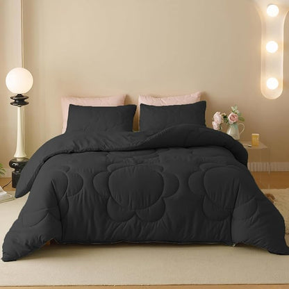 Black Flower Comforter Full Black Flower Print Bed Full Comforter Set 3 Pieces Dark Black Floral Comforter Set for Boys Girls Teens Bedroom Decor All Season Hotel Quality Comforter Set