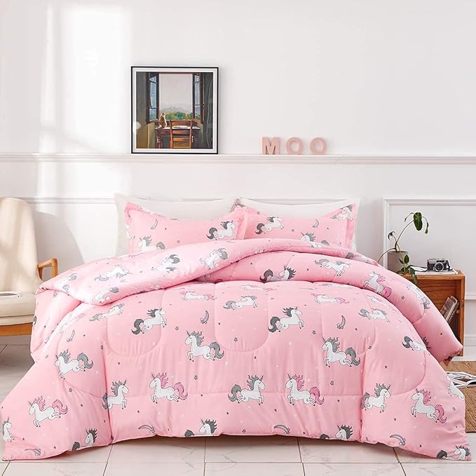 UOZZI BEDDING Bed in a Bag 7 Pieces King Size Unicorn Pink with Rainbow Star - Soft Microfiber, Reversible Bed Comforter Set (1 Comforter, 2 Pillow Shams, 1 Flat Sheet, 1 Fitted Sheet, 2 Pillowcases)