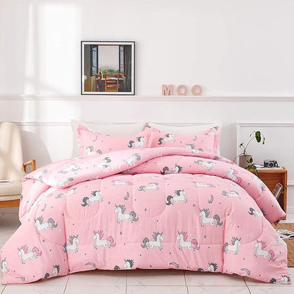 UOZZI BEDDING Bed in a Bag 7 Pieces King Size Unicorn Pink with Rainbow Star - Soft Microfiber, Reversible Bed Comforter Set (1 Comforter, 2 Pillow Shams, 1 Flat Sheet, 1 Fitted Sheet, 2 Pillowcases)