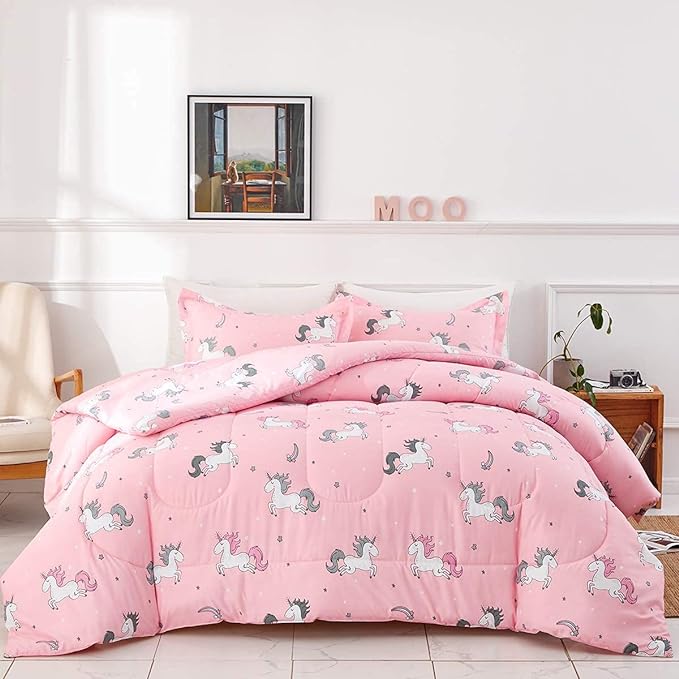 UOZZI BEDDING Bed in a Bag 6 Pieces Twin Size Unicorn Pink with Rainbow Star - Soft Microfiber, Reversible Bed Comforter Set (1 Comforter, 2 Pillow Shams, 1 Flat Sheet, 1 Fitted Sheet, 1 Pillowcases)