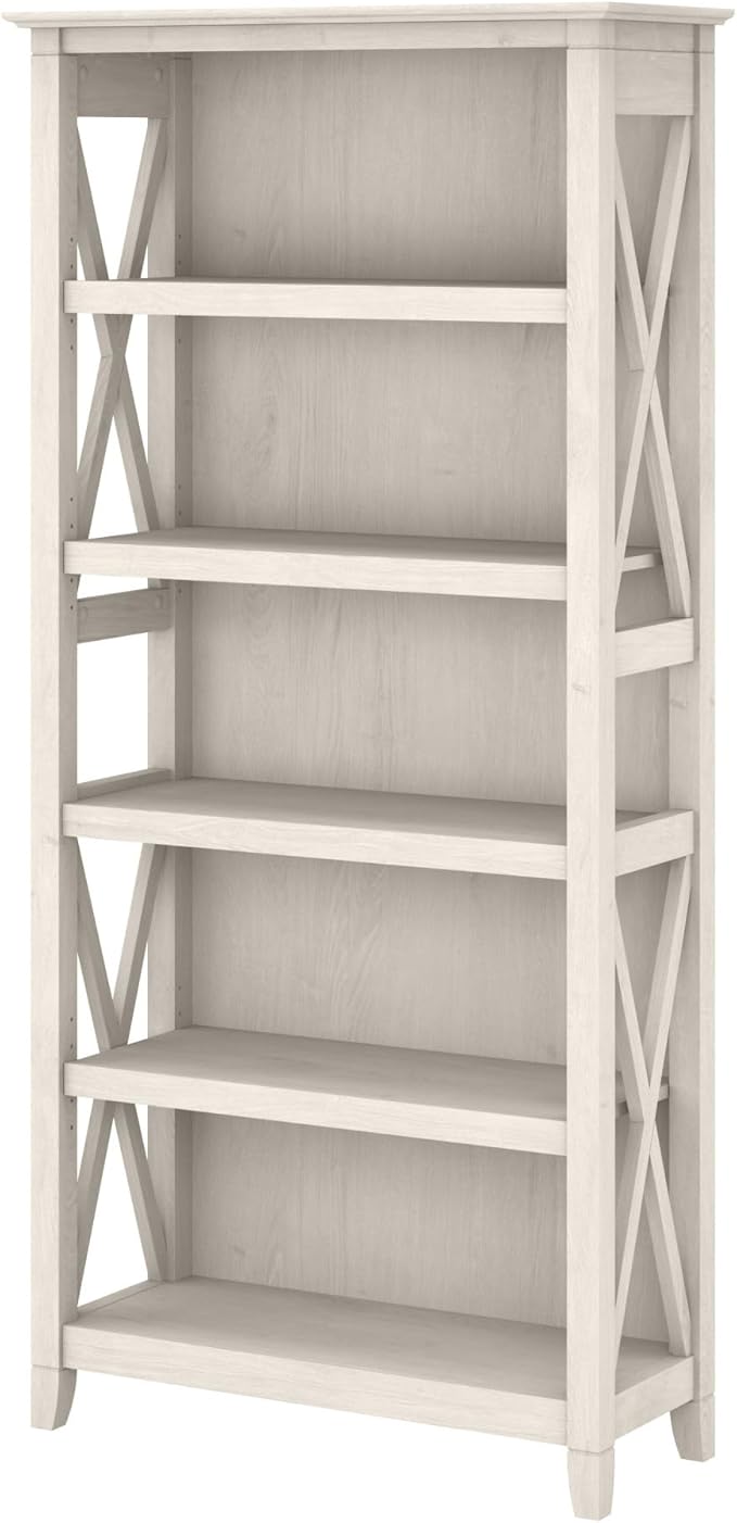 Bush Furniture Key West 2 Lateral File Cabinet | Document Storage & Key West Bookcase Shelf in Linen White Oak | Farmhouse Bookshelf Display Cabinet