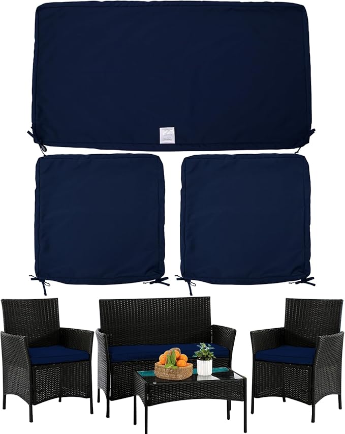 ClawsCover 3Pack Outdoor Seat Cushions Replacement Covers Fit for 4 Pieces Wicker Rattan Furniture Patio Conversation Set Loveseat Chair,38x19x2,19x19x2,Navy-Large (Include Cover Only)