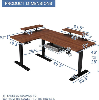 62x47 Inches L Shaped Electric Standing Desk with Drawer, Adjustable Height Sit Stand Up Desk with Storage Shelf, Dark Walnut Top/Black Frame