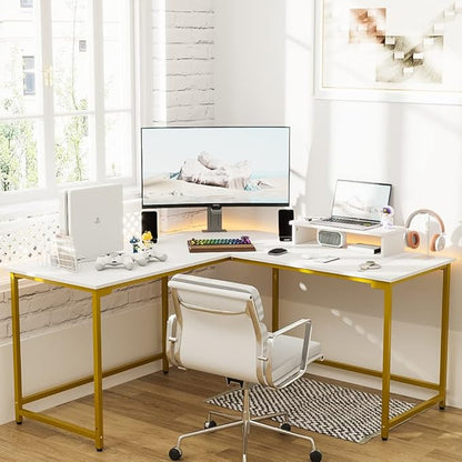 Elephance 59" L Shaped Desk Corner Computer Desk Gaming Table with Monitor Stand Workstation for Home Office (Large, White+ Gold Frame)