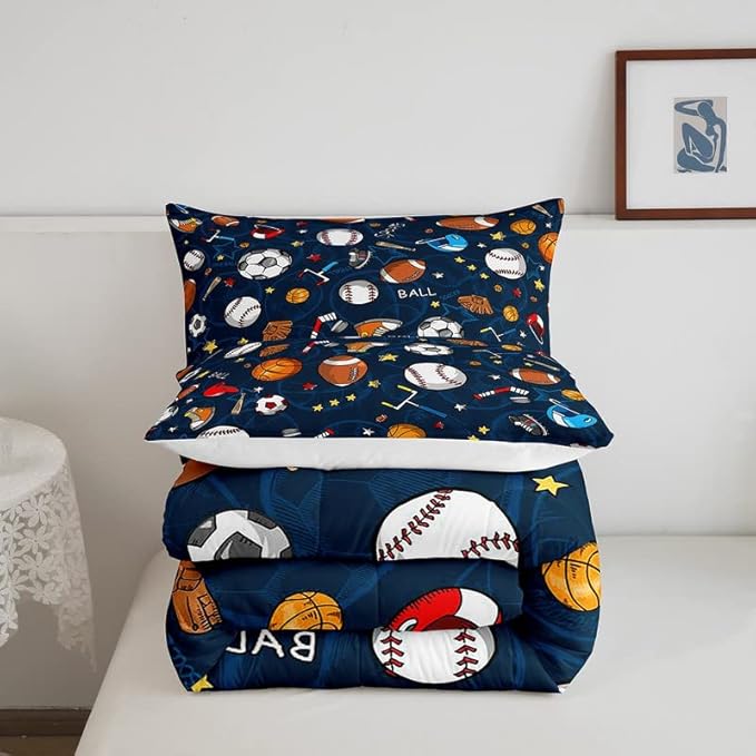 Feelyou Sports Theme Comforter Set 3D Blue Ball Bedding Set Baseball Football Basketball Comforter for Children Kids Boys Girls Microfiber Competitive Games Duvet Set Room Decor Quilt Set Full Size