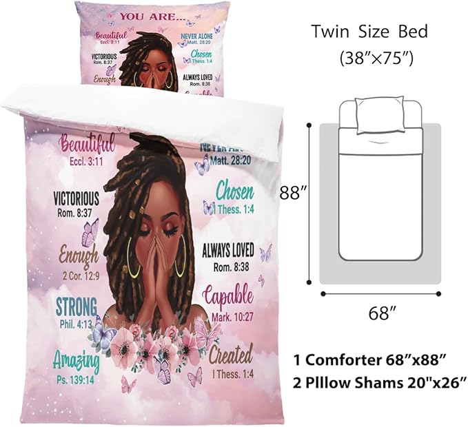 Twin Size Comforter Set with Powerful Quotes from Girls,3 Pieces Featuring African-American Girl - Ideal Gift Bedding for Teens and Women Pink White