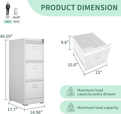 3 Drawer File Cabinet, Metal Vertical File Cabinets with Lock for Home Office, Office Steel Filing Cabinet for Hanging Files for A4/ Legal/Letter,Assembly Required (White)