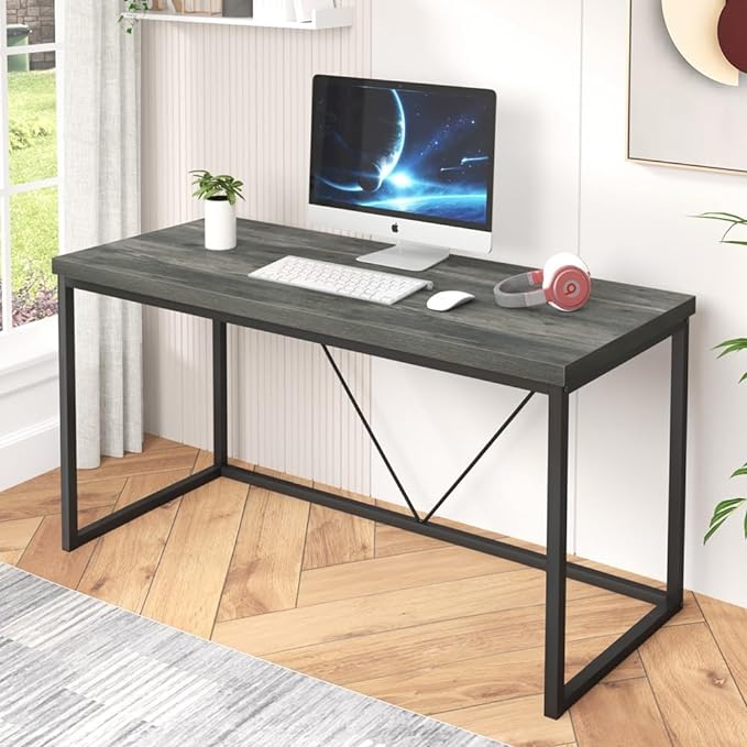 55 inch Computer Desk, Vintage Work Desk for Home Office, Rustic Wood and Metal Study Writing Table, Grey