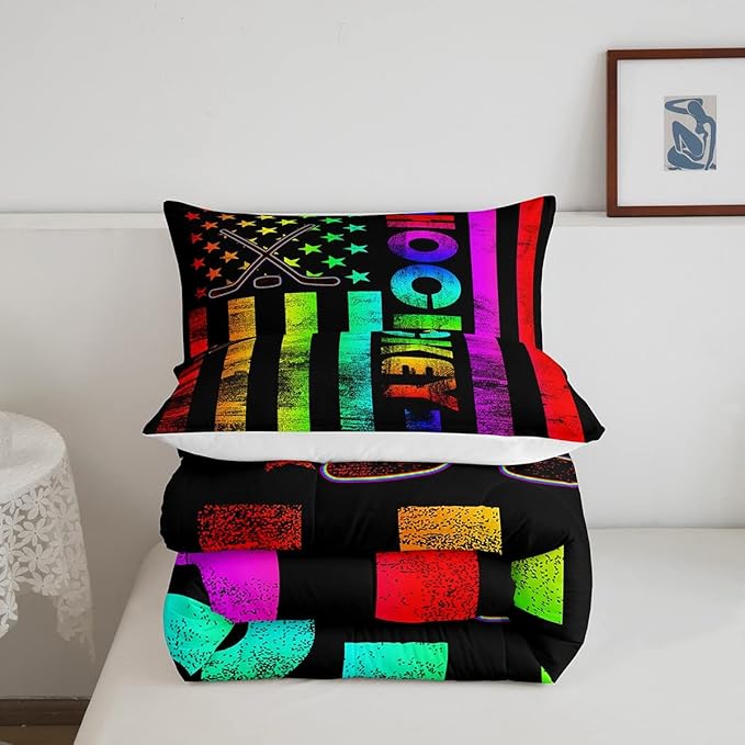 Erosebridal Boys Ice Hockey Bedding Set Queen Neon Rainbow American Flag Comforter Set For Kids Teen,Winter Sports Games Bed Comforter Set Retro Colorful Stripes Stars Quilt Duvet 2 Pillow Cases Black