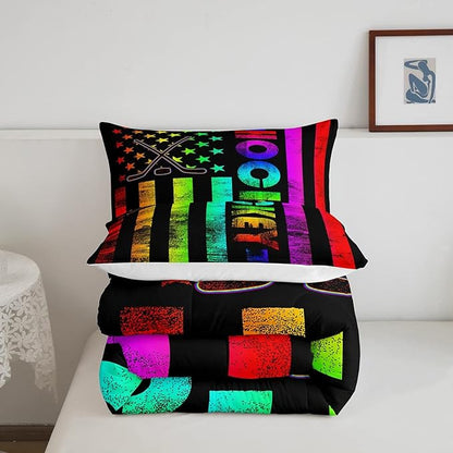 Erosebridal Boys Ice Hockey Bedding Set Full Neon Rainbow American Flag Comforter Set for Kids Teen,Winter Sports Games Bed Comforter Set Retro Colorful Stripes Stars Quilt Duvet 2 Pillow Cases Black