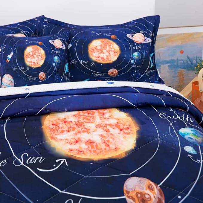 ADASMILE A & S Solar System Comforter Set Twin Outer Space Comforter for Kids 6 Pcs Bed in A Bag Twin Comforter Set for Boys Space Bed Set Galaxy Comforter with Star Moon Sheets for Kids Home Decor