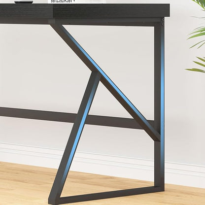 HSH Black Computer Desk, Long Home Office Laptop PC Desk, Large Industrial Metal Wood Executive Writing Gaming Workstation Desk, Modern Simple Student Study Work Table for Bedroom Living Room, 60 Inch