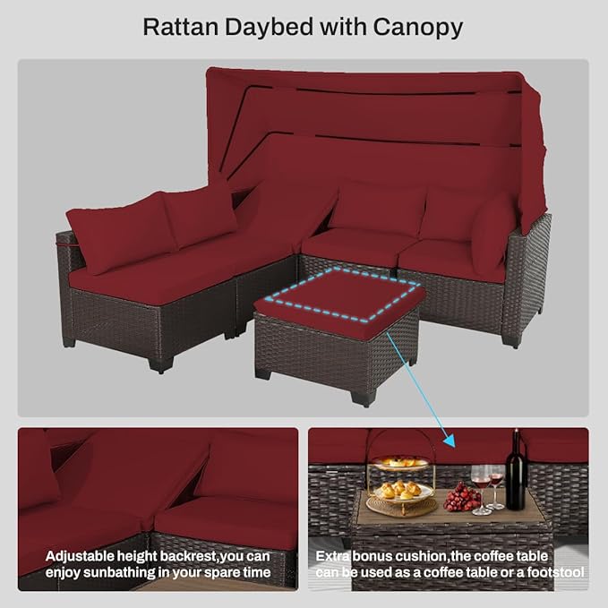 6 PCS Outdoor Patio Furniture Set,Sectional Sofa Set,Rattan Daybed with Retractable Canopy,Adjustable Backrest,Storage Coffee Table,Chaise Chair Sunbed for Porch Garden Poolside Backyard(Red)