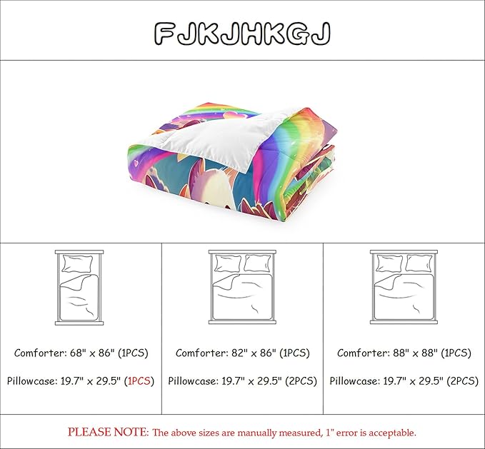 Cat Bedding Set Queen Size, Cartoon Cat Comforter Set, Lovely Animal Pattern and Rainbow Prints Bedding Sets for Kids Girls Kawaii Cat Queen Size Quilt Sets with 2 Pillowcases