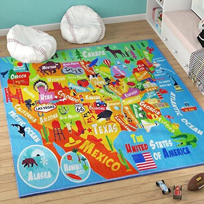 KC Cubs Playtime Collection USA United States Map Educational Learning & Game Area Rug Carpet for Kids and Children Bedrooms and Playroom (8'2" x 9'10"), Multi