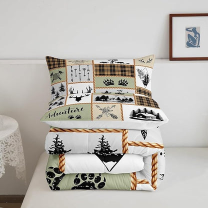 Camper Adventure Kids Comforter Set Queen Size,Deer Antlers Bear Paws Farmhouse Bedding Set for Boys Girls Adults Room Decor,Arrows Plaids Patchwork Down Comforter,Rustic Duvet Insert,2 Pillowcases