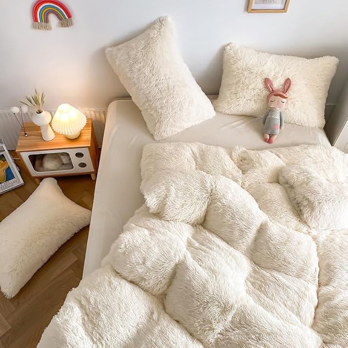 Faux Fur Kids Girls Milky White Comforter Sets King - 3PC Bed Set Warm Comfortable Soft Plush Flannel Velvet Fluffy Fuzzy Bedding（Comforter x 1 Pillowcases x 2）