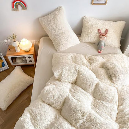 Faux Fur Kids Girls Milky White Comforter Sets Queen - 3PC Bed Set Warm Comfortable Soft Plush Flannel Velvet Fluffy Fuzzy Bedding（Comforter x 1 Pillowcases x 2）