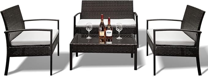 Outvita 4 Pieces Patio Furniture Set, Rattan Conversation Sets with Loveseat Soft Cushion and Glass Table for Garden Backyard Balcony Porch Poolside(Black)