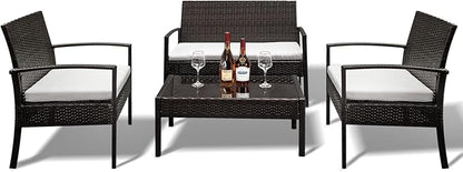 Outvita 4 Pieces Patio Furniture Set, Rattan Conversation Sets with Loveseat Soft Cushion and Glass Table for Garden Backyard Balcony Porch Poolside(Black)